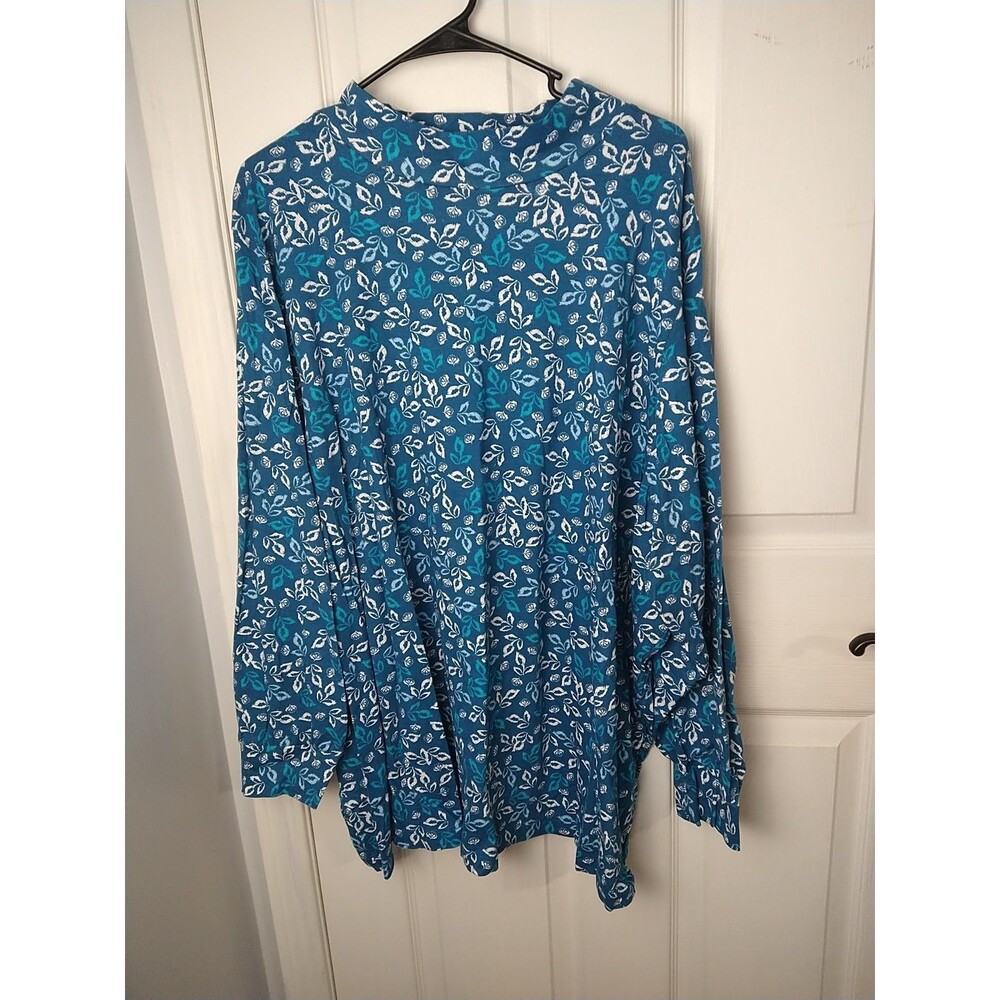 Woman Within 34/36 Long Sleeve Pullover Aqua/ White Leaves Tee Casual Mock Neck